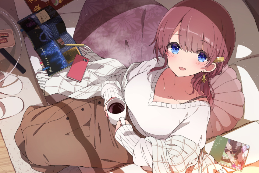 1girl black_bra blue_eyes blush book bookmark bra bra_strap breasts brown_hair brown_skirt buttons cellphone coffee coffee_mug collarbone commentary_request couch cup dappled_sunlight from_above full_body glass highres holding holding_cup jacket large_breasts looking_at_viewer medium_hair mochigome_(ununquadium) mug off_shoulder on_couch open_book open_clothes open_jacket open_mouth original pen phone pillo plaid plaid_jacket shadow sitting skirt slippers smartphone smile solo sunlight sweater table underwear unworn_slippers white_sweater