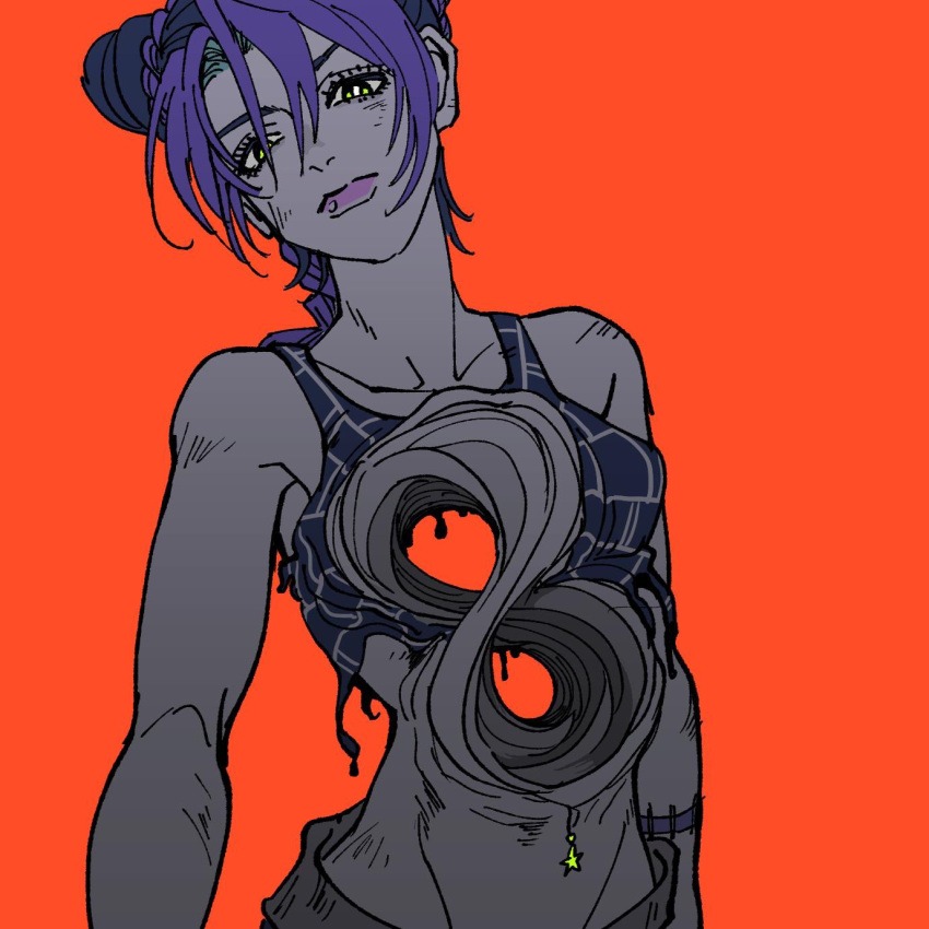 1girl arm_tattoo braid breasts commentary_request crop_top double_bun eyebrows_hidden_by_hair frown green_eyes groin hair_bun highres jojo_no_kimyou_na_bouken kujo_jolyne limited_palette medium_breasts mobius_strip navel_piercing piercing purple_hair red_background single_braid solo star_(symbol) stone_ocean tattoo upper_body yonchi