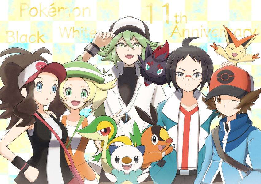 2girls 3boys :d :o absurdres ahoge anniversary bag belt bianca_(pokemon) black_hair blonde_hair blue_eyes brown_eyes brown_hair checkered_background cheren_(pokemon) closed_mouth eyelashes glasses green_eyes green_hair grey_eyes hand_on_another's_shoulder hat highres hilbert_(pokemon) hilda_(pokemon) ida_(idalol490) jacket jewelry long_hair long_sleeves looking_at_viewer multiple_boys multiple_girls n_(pokemon) necklace open_clothes open_jacket open_mouth orange_vest oshawott pokemon pokemon_(creature) pokemon_(game) pokemon_bw ponytail shirt short_hair shoulder_bag sleeveless sleeveless_shirt smile snivy tepig v vest victini white_shirt zorua