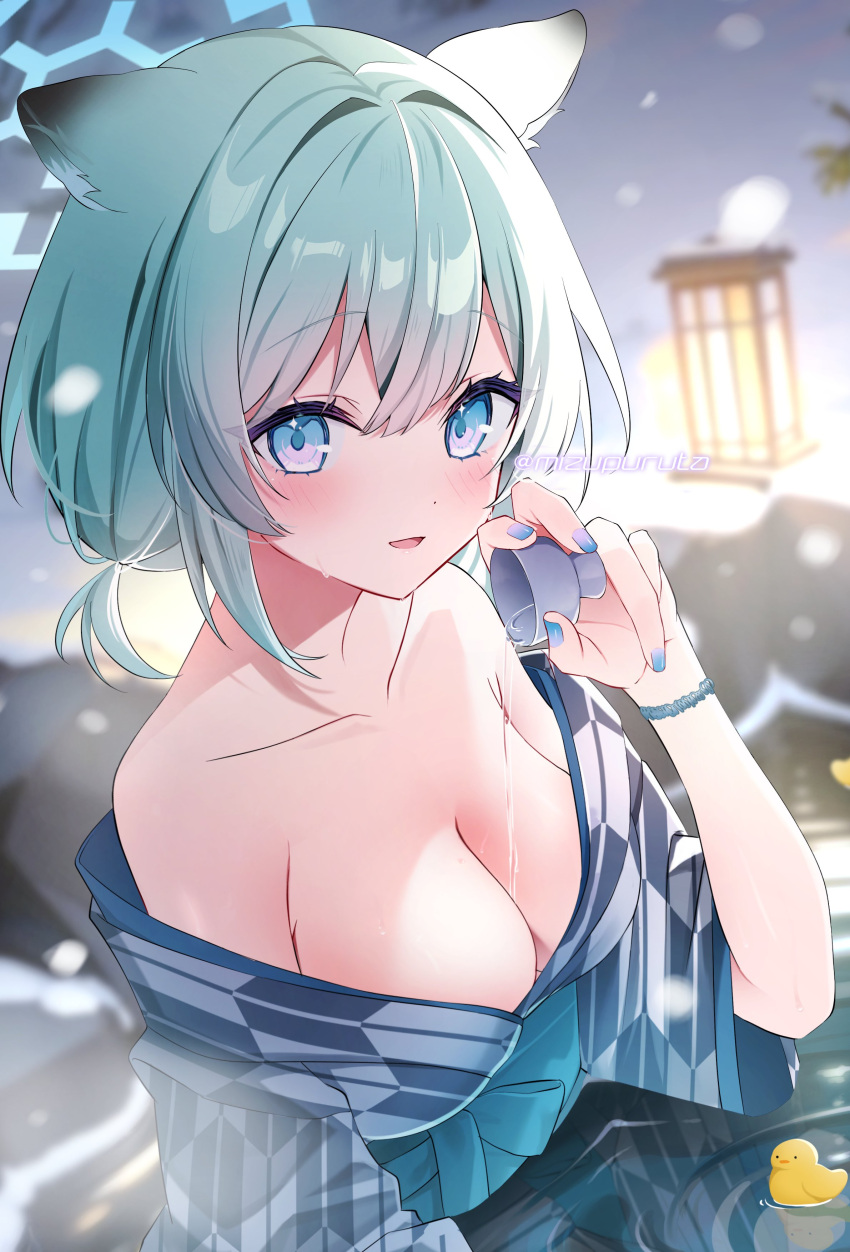 1girl absurdres animal_ears aqua_hair artist_name bare_shoulders bath_yukata blue_archive blue_eyes blue_halo blurry blurry_background breasts cleavage collarbone cup depth_of_field dot_nose english_commentary grey_kimono hair_between_eyes hair_intakes halo highres holding holding_cup japanese_clothes kimono large_breasts looking_at_viewer low_ponytail mizupuruta official_alternate_costume official_alternate_hairstyle onsen open_mouth rubber_duck sakazuki shigure_(blue_archive) shigure_(hot_spring)_(blue_archive) short_ponytail smile solo spilling upper_body weasel_ears weasel_girl yukata