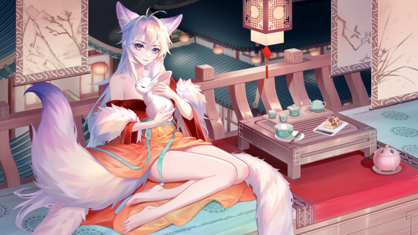 1girl absurdres animal_ears antenna_hair banner barefoot chopsticks dress extra_ears feather_boa feet food fox_ears fox_girl fox_tail fur_trim grey_hair hair_intakes highres holding_rabbit kirby_d_a lantern legs long_hair looking_at_viewer nail_polish off-shoulder_dress off_shoulder original parted_lips purple_eyes red_dress sitting smile solo tail teapot thighs toenail_polish toenails toes