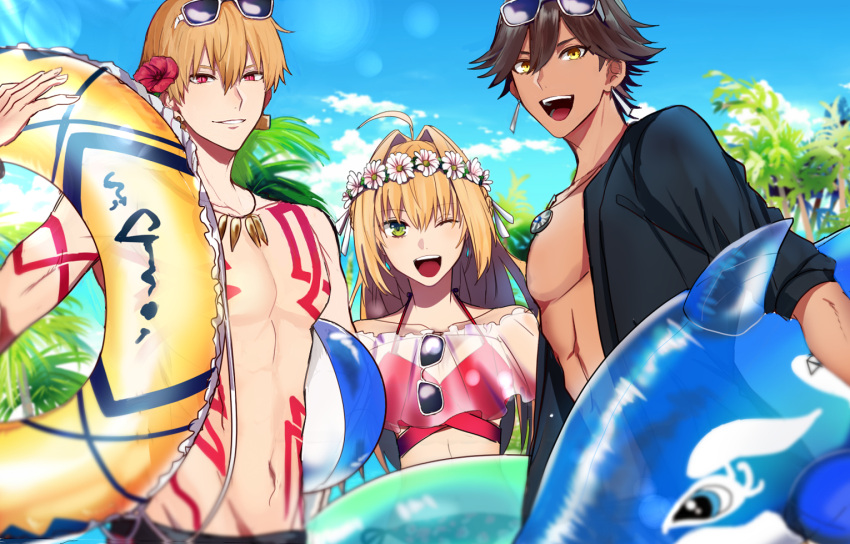 :d ahoge arm_tattoo ball beachball bikini black_shirt blonde_hair blue_sky brown_hair chest_tattoo cloud crop_top dark-skinned_male dark_skin earrings eyewear_on_head fate/grand_order fate_(series) flipped_hair flower flower_wreath gilgamesh_(fate) gold_necklace green_eyes inflatable_dolphin inflatable_toy innertube jewelry long_hair napo_(naporittan) navel necklace nero_claudius_(fate) ocean one_eye_closed open_clothes open_shirt ozymandias_(fate) palm_tree pendant red_bikini red_eyes red_flower see-through shirt short_hair sky sleeves_rolled_up smile sunglasses swimsuit tattoo topless_male tree yellow_eyes