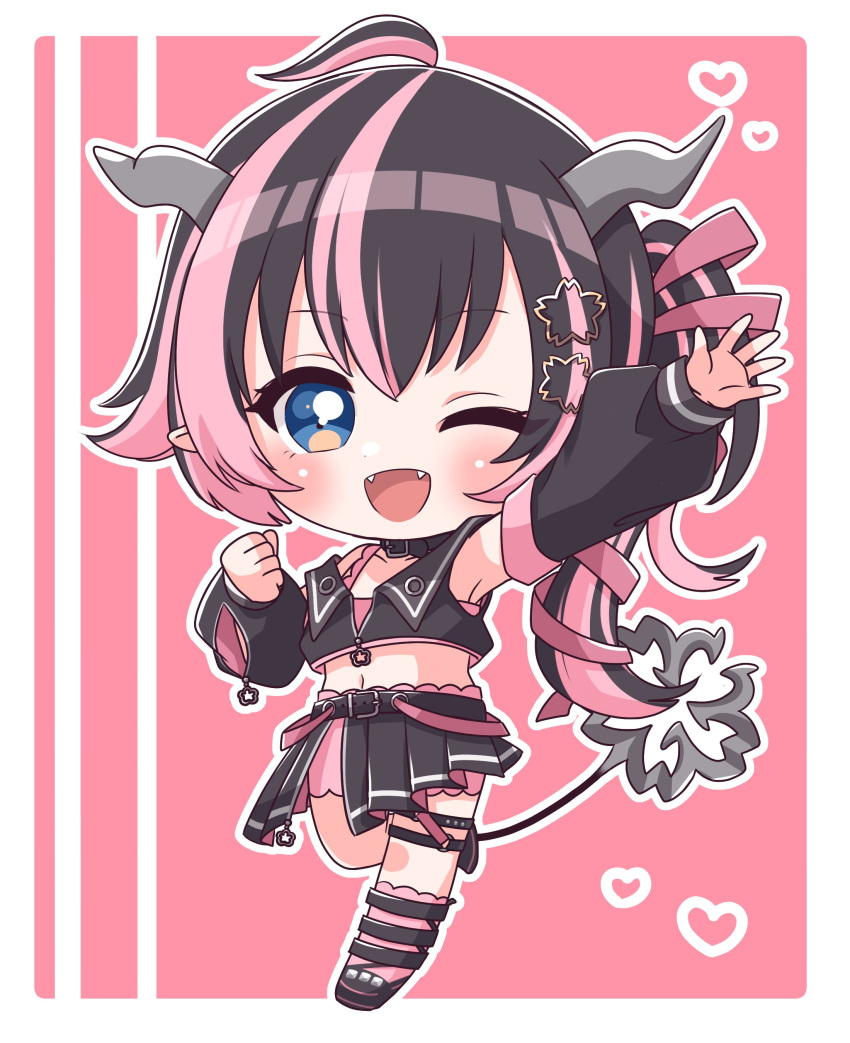 1girl :d absurdres ahoge arm_up armpits belt belt_collar black_belt black_footwear black_hair black_jacket black_skirt black_sleeves blue_eyes blush bra chibi clenched_hand collar commentary cropped_jacket demon_girl demon_horns demon_tail detached_sleeves fangs flat_chest flower full_body grey_horns hair_flower hair_ornament hair_ribbon heart highres horns jacket kino_haruc long_hair long_sleeves looking_at_viewer medium_bangs midriff multicolored_hair nanashi_inc. navel o-ring o-ring_thigh_strap oinomori_may one_eye_closed one_side_up open_mouth outline pink_background pink_bloomers pink_bra pink_hair pink_ribbon pink_socks pleated_skirt ribbon shoes skirt sleeveless sleeveless_jacket smile socks solo studded_footwear tail thigh_strap two-tone_background two-tone_hair underwear virtual_youtuber white_background white_outline