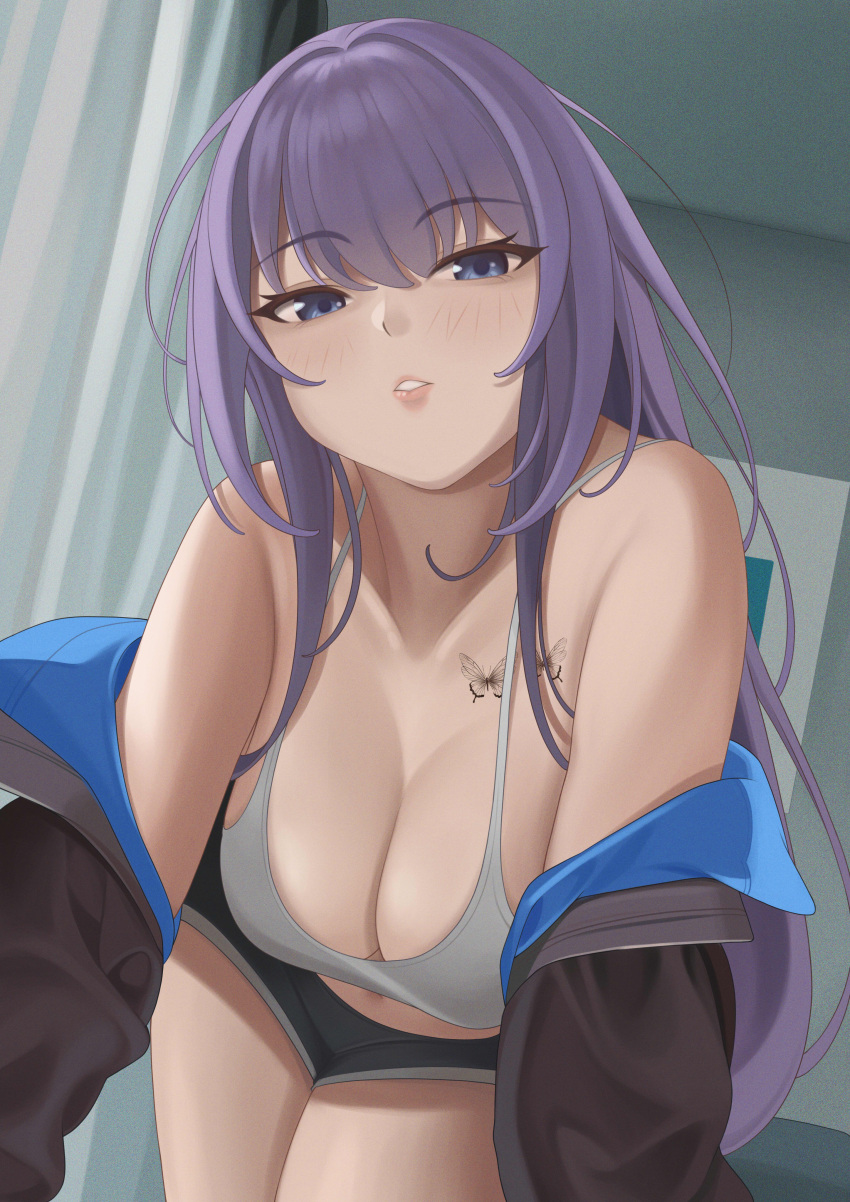 1girl absurdres bare_shoulders black_shorts blue_eyes blush borrowed_character breasts butterfly_tattoo chest_tattoo cleavage collarbone dolphin_shorts grey_sports_bra highres large_breasts long_hair long_sleeves looking_at_viewer off_shoulder original purple_hair quatthro short_shorts shorts solo sports_bra tattoo thighs yuna_(biya_(1024))