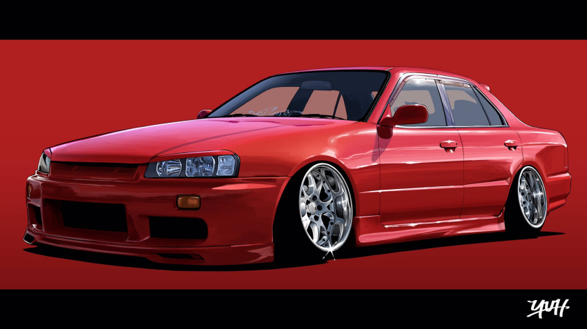 artist_name car glint highres letterboxed motor_vehicle nissan nissan_skyline nissan_skyline_r34 no_humans original red_background solo vehicle_focus yuh_7929