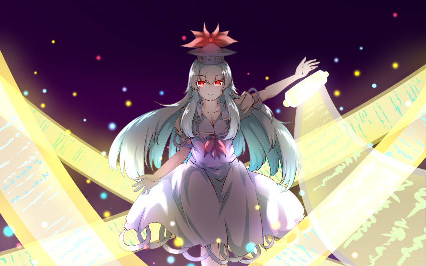 1girl absurdres black_background blue_dress blue_hair blue_headwear chinese_commentary closed_mouth commentary_request dated dress feet_out_of_frame highres kamishirasawa_keine long_hair multicolored_hair pzgr.40 red_eyes scroll short_sleeves sidelocks signature simple_background smile solo touhou two-tone_hair white_hair