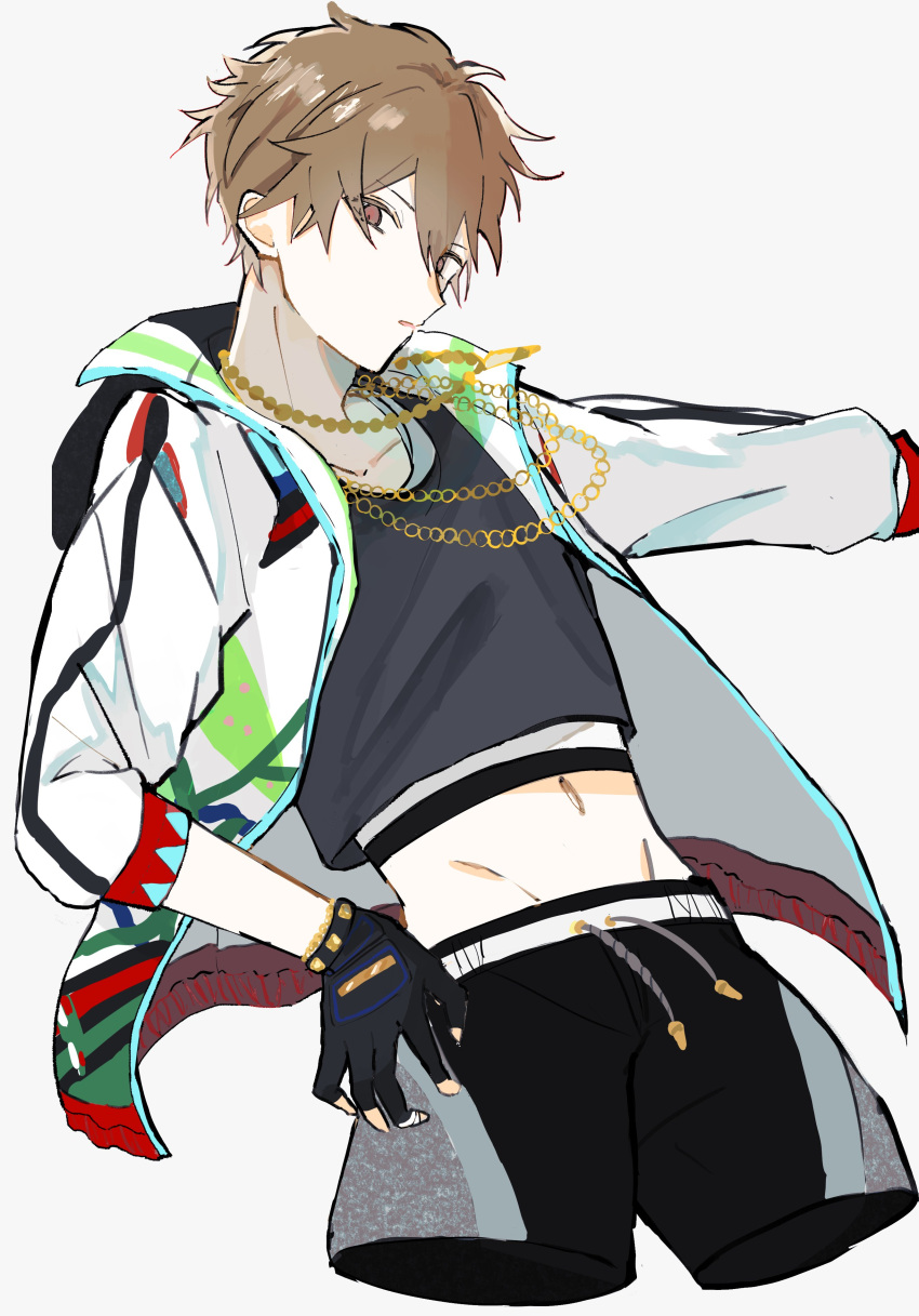 1boy absurdres black_gloves brown_eyes brown_hair chain_necklace commentary cowboy_shot drawstring ensemble_stars! fingerless_gloves gloves grey_background highres jacket jewelry long_sleeves looking_at_viewer male_focus midriff morisawa_chiaki navel necklace official_alternate_costume open_clothes open_jacket short_hair simple_background solo yorei_echo