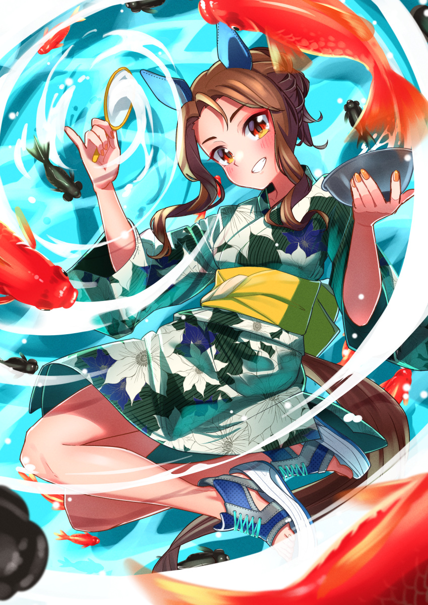 1girl absurdres alternate_costume alternate_hairstyle bowl brown_eyes brown_hair dress ear_covers fish freely2327 full_body goldfish goldfish_scooping green_dress green_kimono highres holding holding_bowl horse_girl horse_tail japanese_clothes kimono king_halo_(umamusume) orange_nails poi_(goldfish_scoop) solo tail umamusume water wavy_hair wide_sleeves yukata