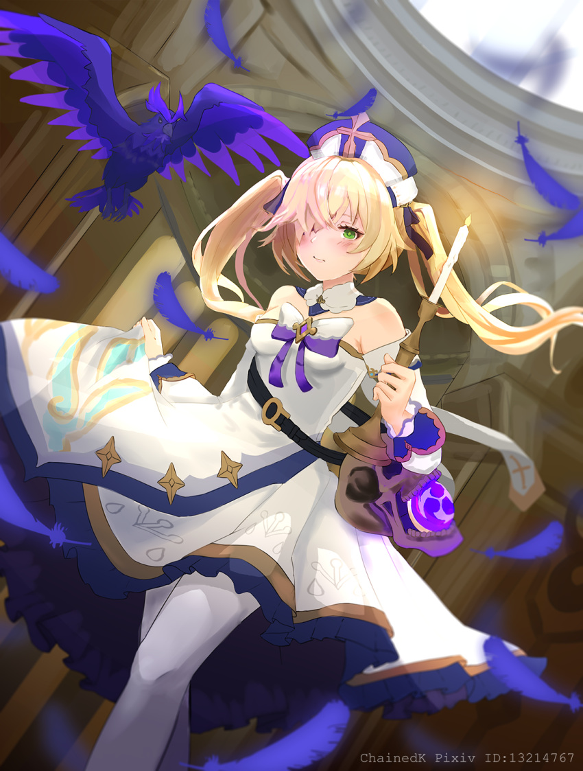 1girl alternate_costume barbara_(genshin_impact) barbara_(genshin_impact)_(cosplay) bare_shoulders bird black_ribbon blonde_hair blush bow bowtie breasts cande candlestand cathedral chainedk collar cosplay cross crow detached_sleeves dress dress_bow eyepatch falling_feathers fischl_(genshin_impact) frilled_dress frills genshin_impact green_eyes hair_ornament hair_over_one_eye hair_ribbon hat highres latin_cross long_hair looking_at_viewer medium_breasts mini_hat oz_(genshin_impact) pantyhose purple_bow ribbon solo twintails two_side_up vision_(genshin_impact) white_dress white_sleeves