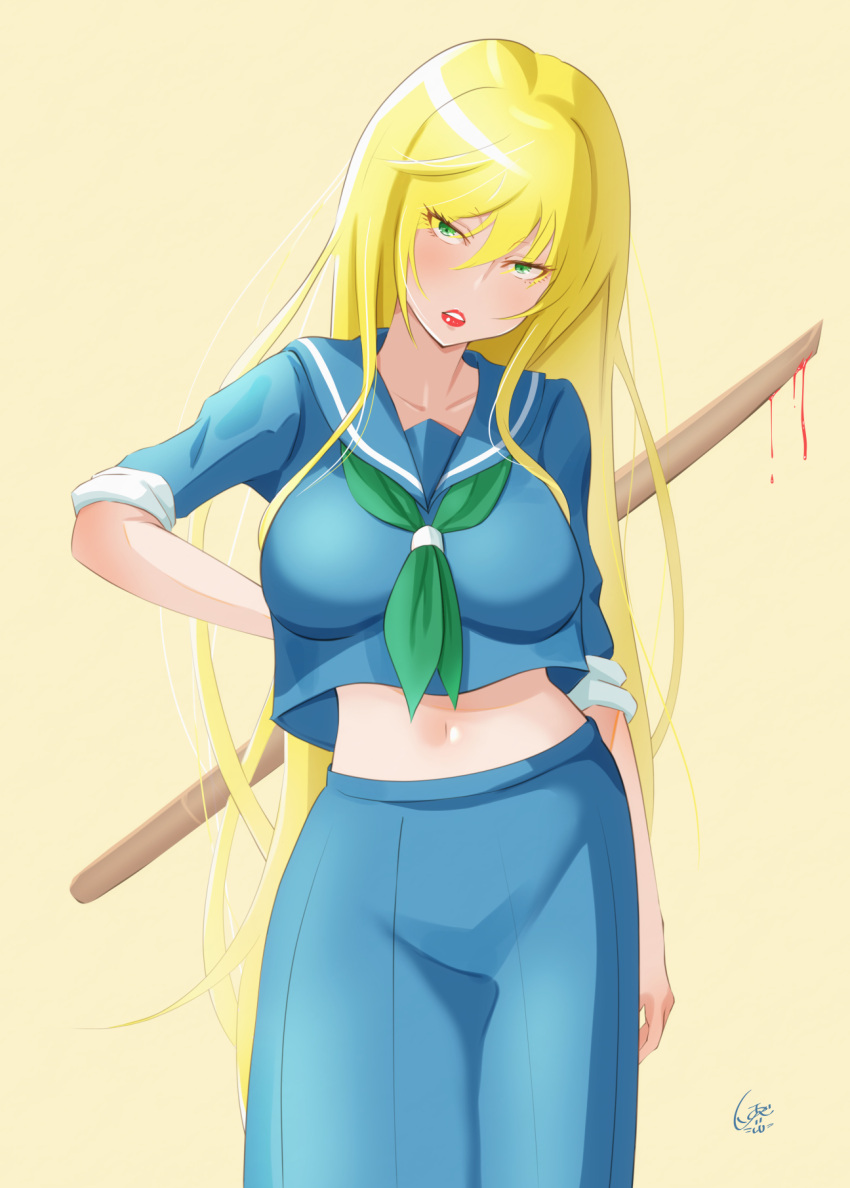 1girl arm_at_side blonde_hair blue_serafuku blue_skirt breasts delinquent green_eyes highres himawari_ranna island_lagoon large_breasts lipstick looking_at_viewer makeup midriff navel rokudou_no_onna-tachi school_uniform serafuku skirt solo standing sukeban sword weapon wooden_sword