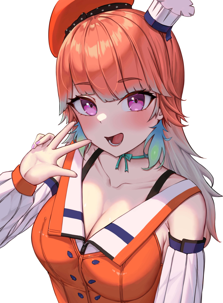 1girl :d absurdres ahaha_kun beret breasts chef_hat choker cleavage collarbone green_choker hand_up hat highres hololive hololive_english large_breasts long_hair looking_at_viewer mini_hat open_mouth orange_hair pink_eyes simple_background smile solo takanashi_kiara upper_body virtual_youtuber w white_background