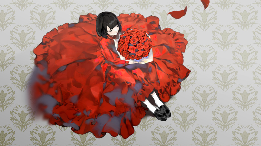1girl absurdres black_footwear black_hair blunt_bangs blurry blurry_foreground bob_cut bouquet circle_skirt closed_eyes closed_mouth commentary crying dress flower frilled_dress frills from_above highres holding holding_bouquet legs_together long_dress long_sleeves mallllma medium_hair original petals red_dress red_flower red_rose rose shoes sitting socks solo white_socks wide_shot