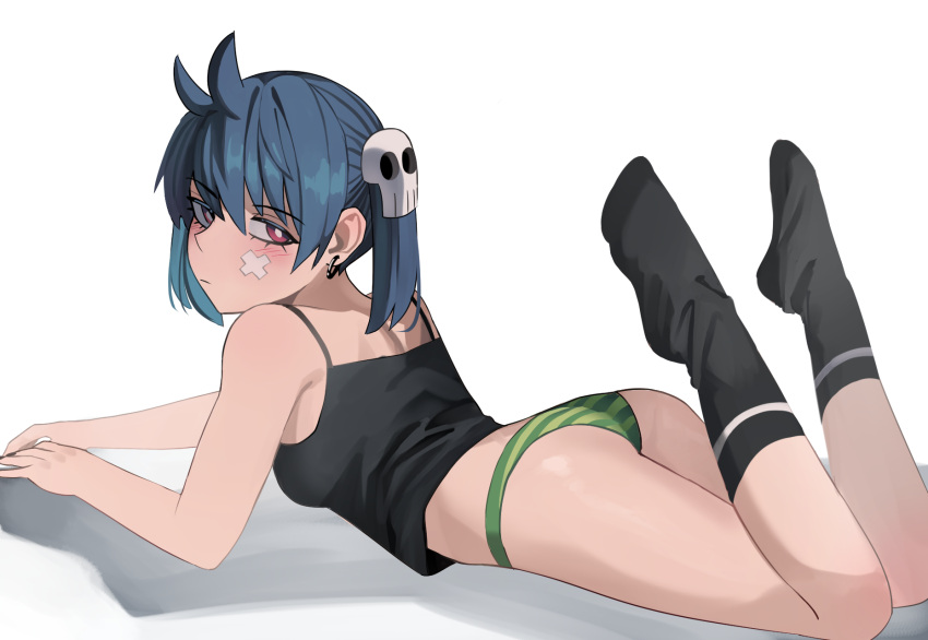 1girl ass bandaid bandaid_on_cheek bandaid_on_face bare_arms bare_shoulders black_camisole black_nails black_socks blue_hair blush bright_pupils camisole crossed_bandaids earrings expressionless feet_up fingernails full_body green_panties hair_between_eyes hair_ornament highres jewelry ji-yoon_(jourd4n) jourd4n legs looking_back lying nail_polish no_pants no_shoes on_stomach original panties purple_eyes shadow simple_background skull_hair_ornament socks solo striped striped_panties the_pose turning_head twintails underwear white_background white_pupils