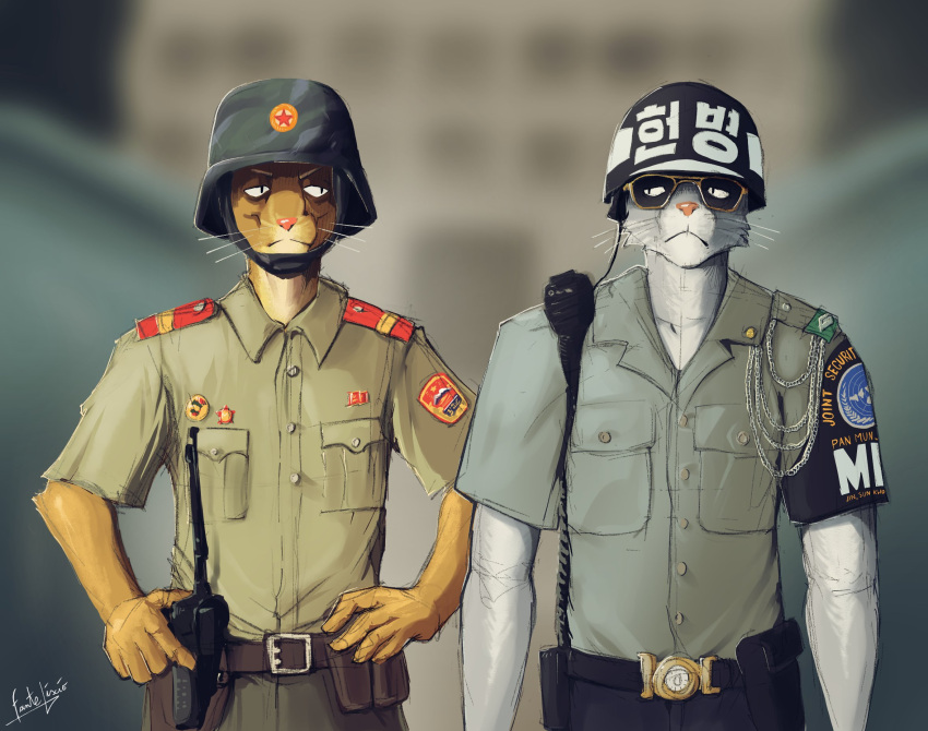 anthro clothing digital_media_(artwork) duo fanteliscio felid feline fur gun hi_res korean korean_text male mammal police radio ranged_weapon simple_background text uniform walkie-talkie weapon whiskers