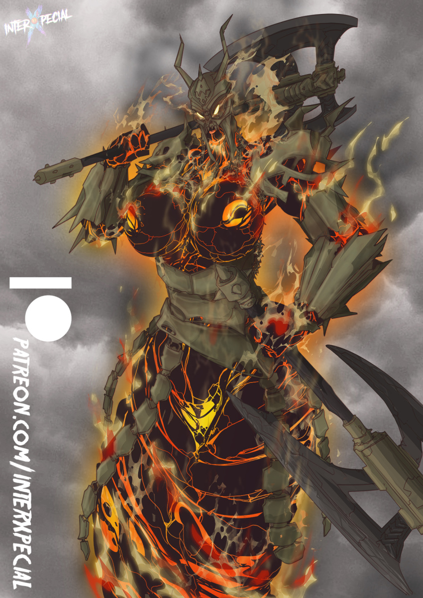 anthro areola armor artist_name big_breasts breasts clothed clothing curvy_figure demon elemental_creature female fire fire_body fire_creature genitals glowing glowing_eyes headgear helmet hi_res humanoid interxpecial k'daai_fireborn lava lips melee_weapon nipples pose pussy signature skimpy skimpy_armor smoke solo warhammer_(franchise) warhammer_fantasy weapon