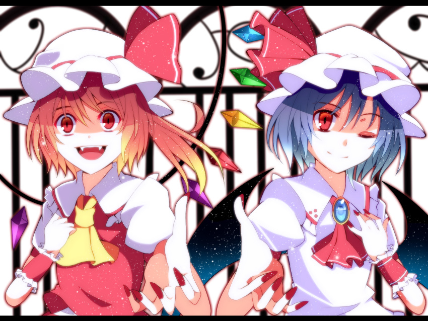 2girls ;) alternate_wings aru16 ascot bat_wings blonde_hair blue_brooch blue_hair brooch closed_mouth collared_shirt crystal fangs fingernails flandre_scarlet frilled_shirt_collar frills hat hat_ribbon highres jewelry long_fingernails looking_at_viewer medium_hair mob_cap multicolored_wings multiple_girls nail_polish one_eye_closed one_side_up open_mouth pink_shirt puffy_short_sleeves puffy_sleeves red_ascot red_eyes red_nails red_ribbon red_vest remilia_scarlet ribbon shirt short_hair short_sleeves smile teeth touhou upper_body upper_teeth_only vest white_headwear white_shirt wings wrist_cuffs yellow_ascot