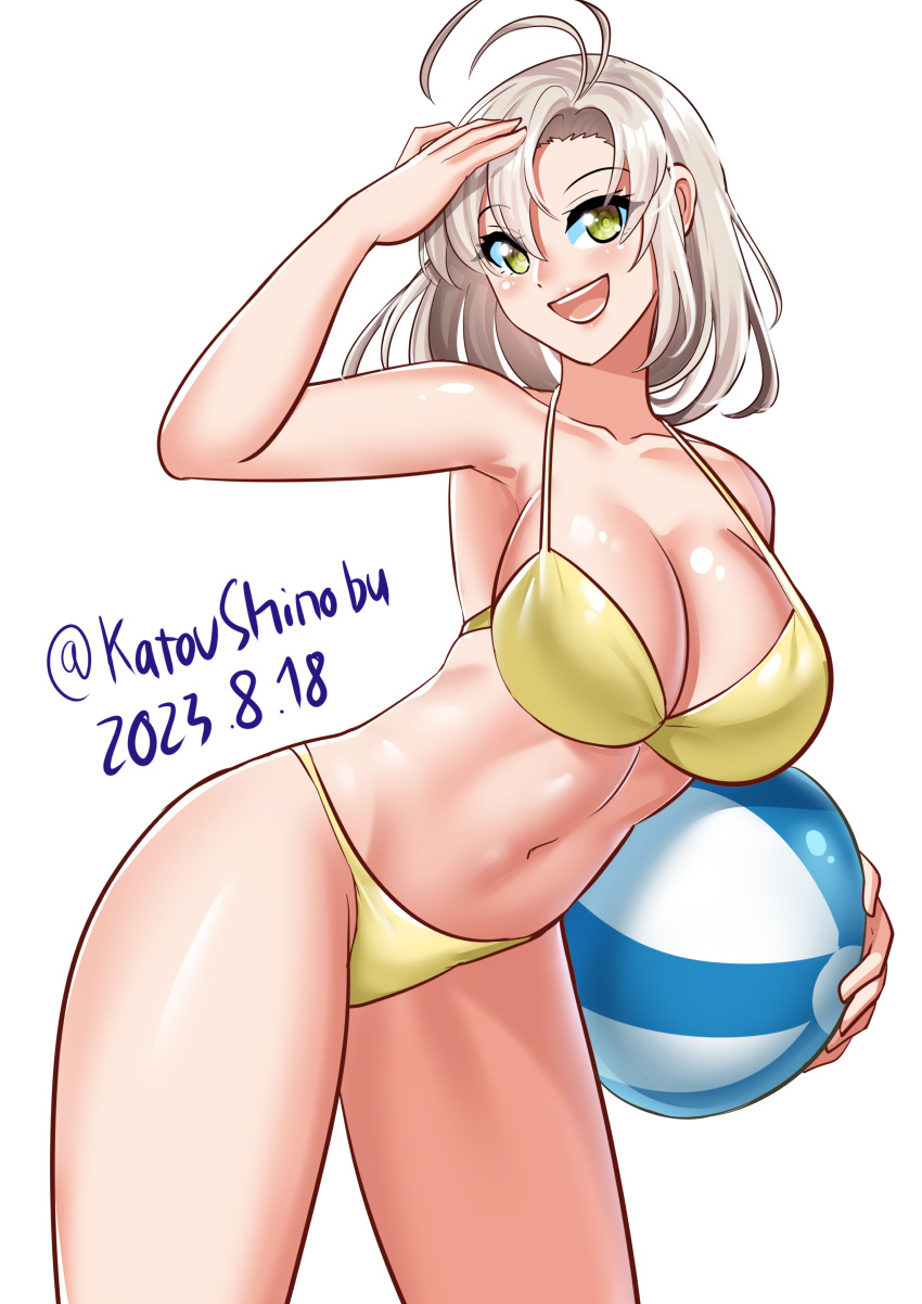 1girl absurdres angel_beats! ball beachball bikini breasts cleavage green_eyes highres kantai_collection katou_shinobu kinugasa_(kancolle) kinugasa_kai_ni_(kancolle) large_breasts leaning_forward medium_hair one-hour_drawing_challenge salute simple_background solo swimsuit twitter_username white_background yellow_bikini