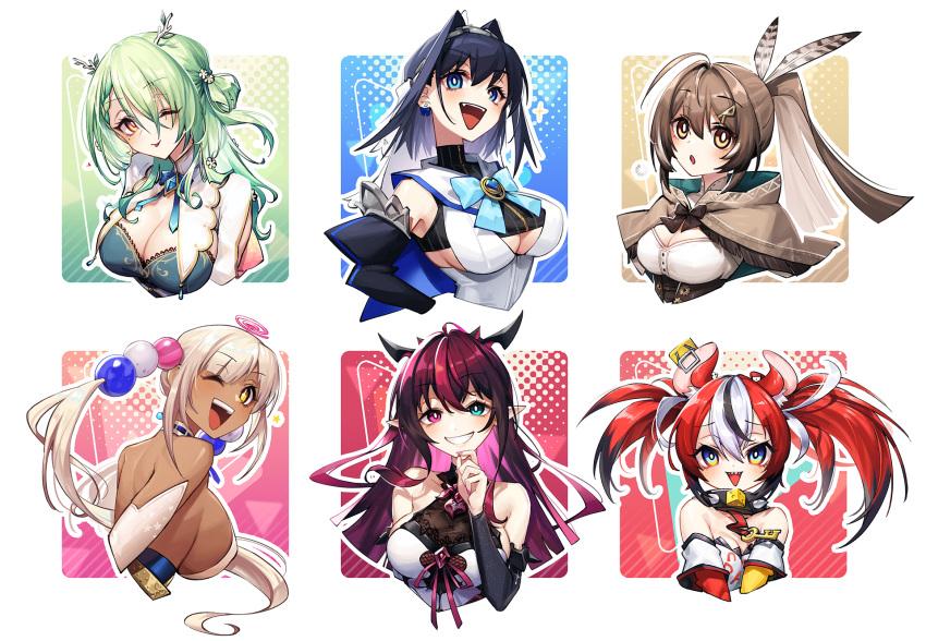 +_+ 6+girls :d :o ;d ;p adarin ahoge animal_collar animal_ears antlers bare_shoulders black_collar black_dress black_hair black_shirt black_tube_top blue_eyes blush breasts brown_capelet brown_cloak brown_corset brown_eyes brown_hair buffering capelet ceres_fauna ceres_fauna_(1st_costume) chain_hairband cleavage cleavage_cutout cloak clothing_cutout collar colored_tips commentary corset cropped_arms cropped_shirt cropped_torso dark-skinned_female dark_skin detached_sleeves dress ear_ribbon elbow_gloves english_commentary everyone extra_horns feather_hair_ornament feathers from_side gloves green_hair grin hair_intakes hair_ornament hairband hairclip hakos_baelz hakos_baelz_(1st_costume) heart-shaped_gem heterochromia hieroglyphics highres holocouncil hololive hololive_english horns huge_breasts irys_(hololive) irys_(old_design)_(hololive) juliet_sleeves large_breasts layered_sleeves limiter_(tsukumo_sana) long_hair long_sleeves looking_at_viewer medium_breasts mole mole_under_eye mouse_ears multicolored_hair multiple_girls nail_polish nanashi_mumei nanashi_mumei_(1st_costume) narrow_waist one_eye_closed open_mouth orange_eyes ouro_kronii ouro_kronii_(1st_costume) pink_eyes pinstripe_pattern pinstripe_shirt planet_hair_ornament pointy_ears ponytail puffy_sleeves purple_hair purple_nails red_hair ribbon sailor_collar see-through_cleavage sharp_teeth shirt short_hair short_over_long_sleeves short_sleeves shrug_(clothing) sideboob simple_background smile smirk smug solo sparkle spiked_collar spikes star_(symbol) strapless streaked_hair striped striped_shirt teeth tongue tongue_out tsukumo_sana tsukumo_sana_(1st_costume) tube_top twintails underboob uneven_twintails upper_body veil vertical-striped_shirt vertical_stripes very_long_hair virtual_youtuber white_background white_dress white_hair white_shirt white_tube_top white_veil yellow_eyes zipper