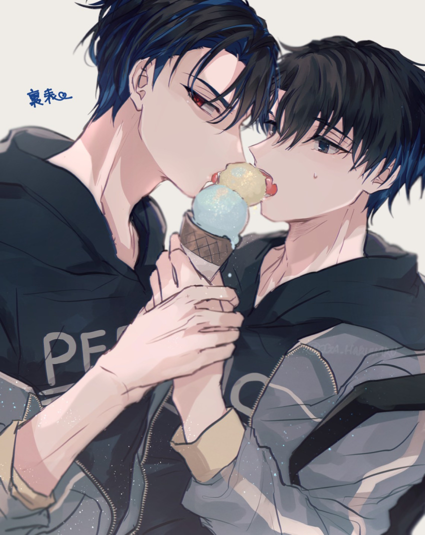 2boys black_eyes black_hair blue_hair dual_persona facing_another highres holding_ice_cream_cone ice_cream_cone inukai_yuto looking_ahead looking_at_viewer male_focus multico multiple_boys open_mouth paradox_live red_eyes selfcest short_hair sirofuku414 tongue tongue_out white_background yaoi