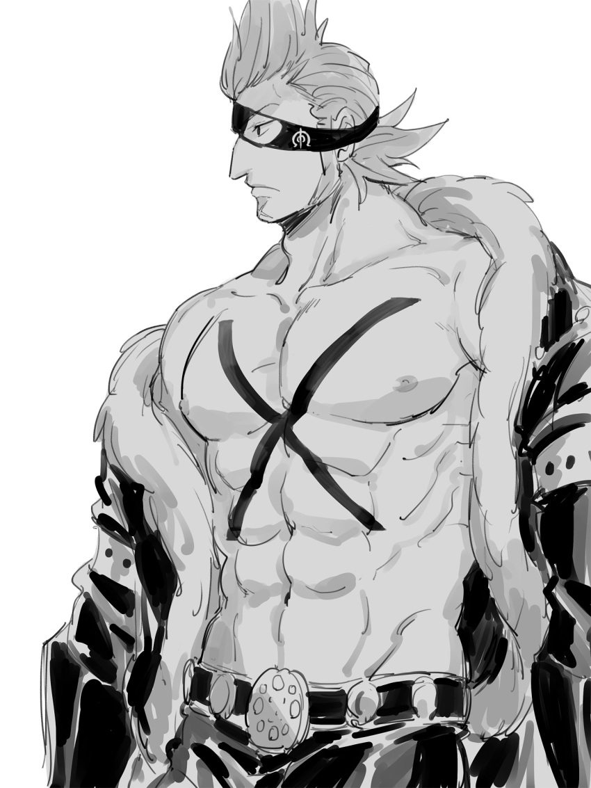 1boy abs bara bare_pectorals chest_tattoo coat cowboy_shot eyepatch greyscale highres large_pectorals long_sideburns looking_to_the_side male_focus mocchi_(mkz) monochrome muscular muscular_male navel nipples no_shirt off_shoulder one_piece open_clothes open_coat pectorals short_hair sideburns single_bare_shoulder solo stomach tattoo thick_eyebrows x_drake