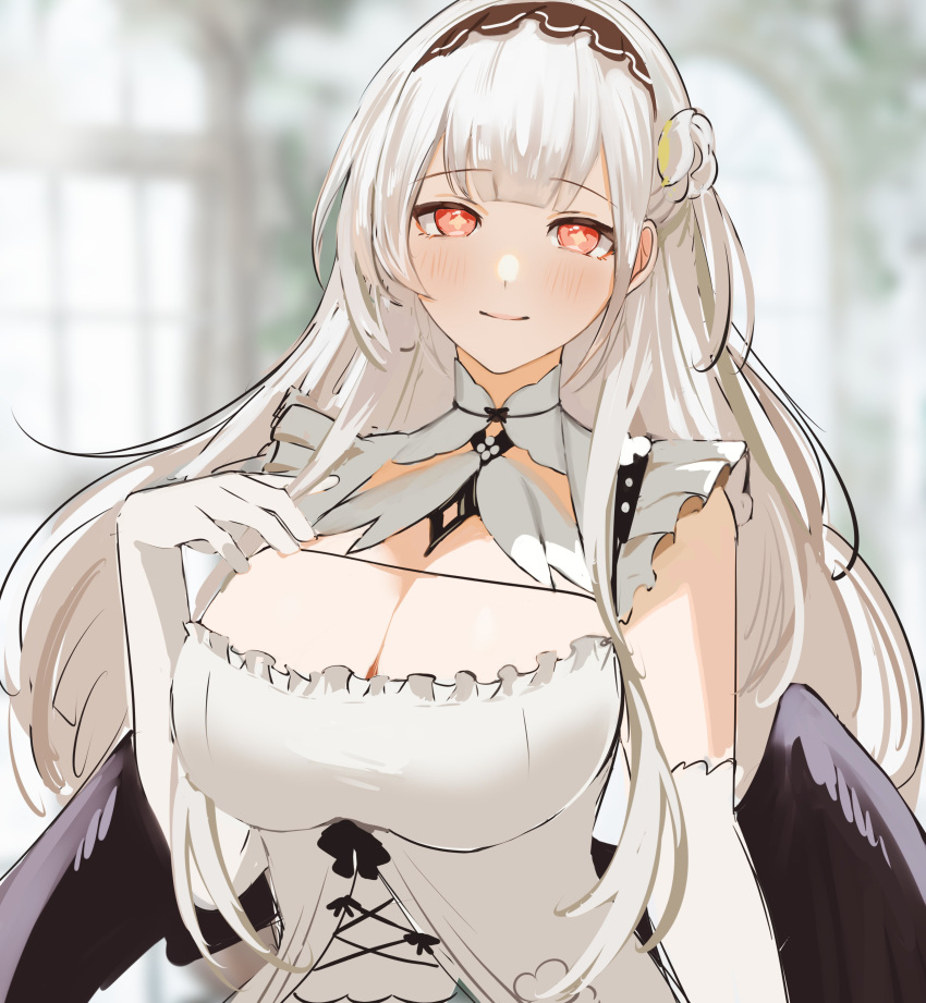 1girl absurdres azur_lane black_wings blunt_bangs blurry blurry_background blush breasts cleavage cleavage_cutout closed_mouth clothing_cutout cross-shaped_pupils dress elbow_gloves feathered_wings flower frills gloves hair_flower hair_ornament hand_up highres indoors large_breasts light_smile long_hair looking_at_viewer maid maid_headdress plant red_eyes sak_orz scylla_(azur_lane) smile solo symbol-shaped_pupils white_dress white_gloves white_hair window wings