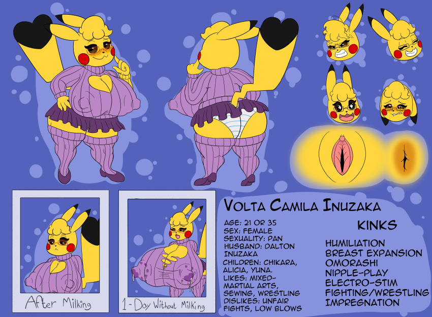absurd_res angry anthro anus big_breasts big_butt bite biting_lip blush blushing_profusely bodily_fluids bottomwear breast_expansion breasts butt clitoris clothing cosplay_pikachu_(character) cosplay_pikachu_(costume) cross-popping_vein curled_hair english_text excited expansion female gaping gaping_pussy generation_1_pokemon genitals hair hi_res horny_face huge_breasts huge_butt information information_box joyful lactating lactation_through_clothes long_nipples married mature_female model_sheet montgomery_glands mother_(lore) nervous nervous_smile nintendo nipples ori-doggo panties parent_(lore) pattern_clothing pattern_underwear pikachu pikachu_libre plump_labia pokemon pokemon_(species) polaroid_photo poofy_hair puffy_nipples pussy red_cheeks skirt smile solo striped_clothing striped_underwear stripes sweater text thick_thighs topwear torn_clothing underwear volta_(ori-doggo)