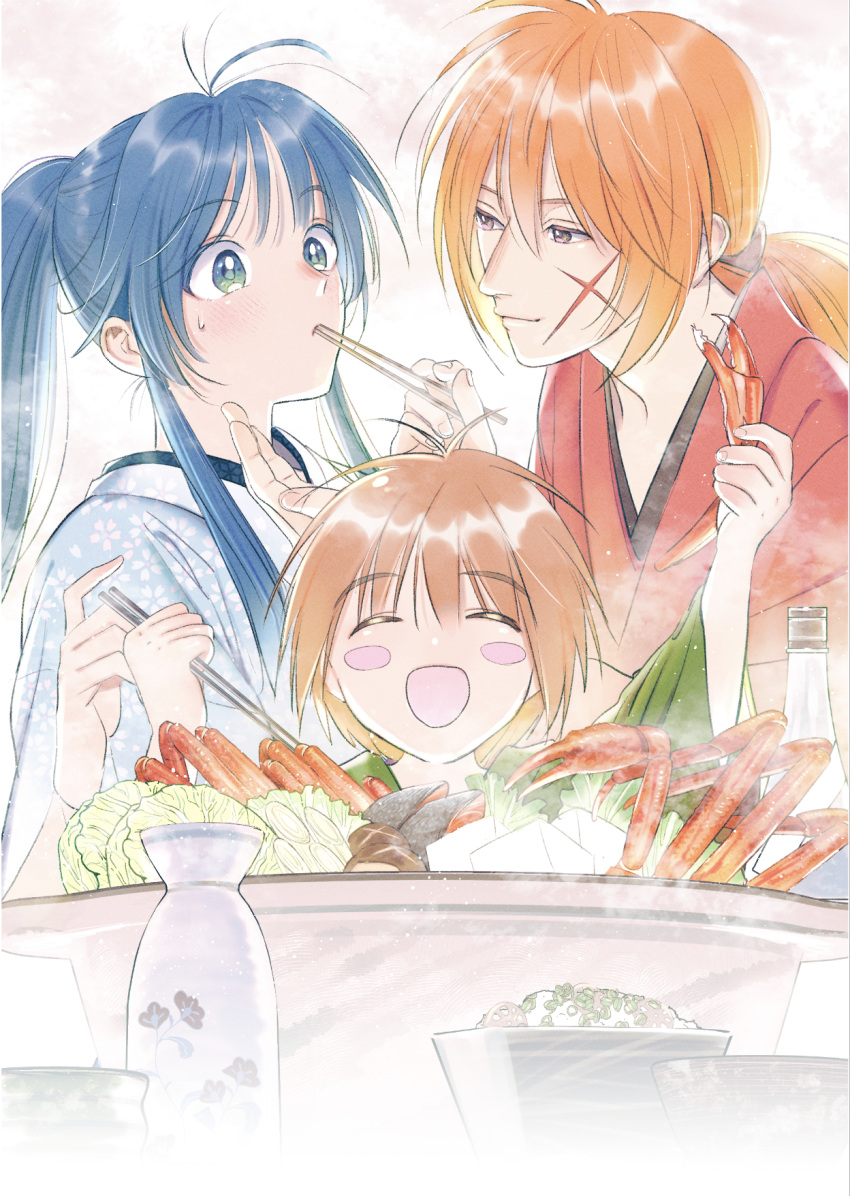 1girl 2boys arm_up blue_eyes blue_kimono blush_stickers chopsticks closed_mouth commentary_request crab cross_scar eating family father_and_son feeding floral_print food hair_between_eyes hand_up high_ponytail highres himura_kenji himura_kenshin holding holding_chopsticks holding_food husband_and_wife japanese_clothes kamiya_kaoru kimono light_blush long_hair looking_at_another low_ponytail male_child mother_and_son multiple_boys natsu_mikan_(level9) open_mouth orange_hair print_kimono purple_eyes red_hair red_kimono rurouni_kenshin scar scar_on_cheek scar_on_face seafood sidelocks sweatdrop upper_body