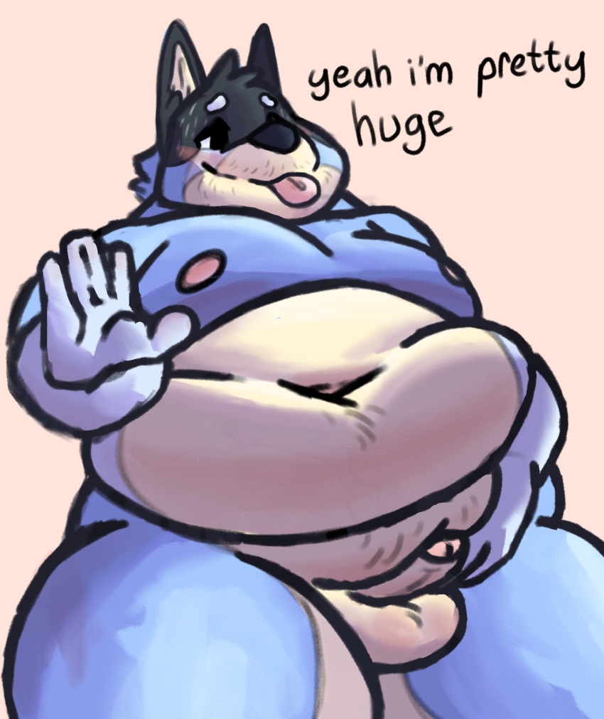 5_fingers aki_maned_wolf anthro balls bandit_heeler belly bluey_(series) dialogue erection fingers genitals hi_res humanoid_hands male moobs nipples overweight overweight_male penis smile solo text thick_thighs tongue tongue_out