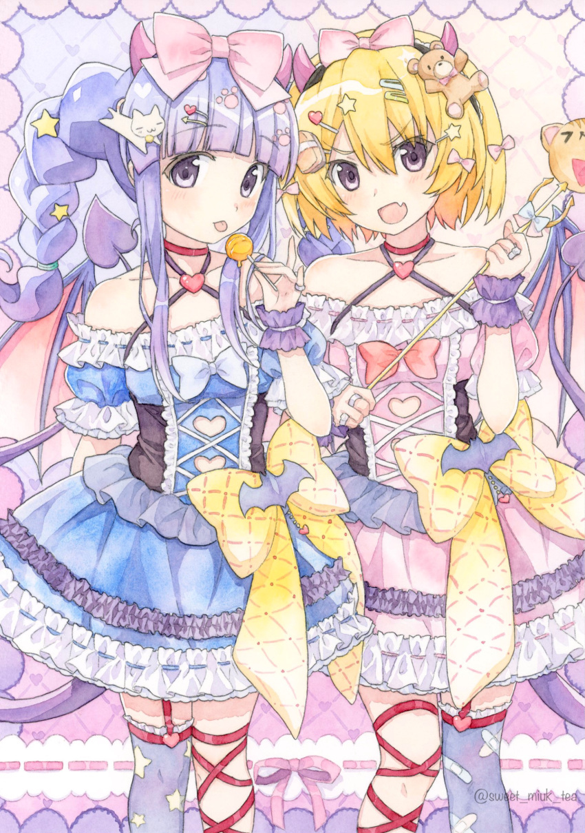 2girls alternate_hairstyle bandaid_print black_hairband blonde_hair blue_dress blunt_bangs blush bow braid candy choker corset cross-laced_clothes cross-laced_corset demon_girl demon_horns demon_tail demon_wings dress fang flat_chest food frilled_dress frills furude_rika hair_bow hair_ornament hairband hairclip heart-shaped_ornament highres higurashi_no_naku_koro_ni holding holding_candy holding_food holding_lollipop horns houjou_satoko jewelry lollipop long_bangs long_hair looking_at_another looking_at_viewer multiple_braids multiple_girls off_shoulder official_alternate_costume open_mouth pink_dress pink_horns puffy_short_sleeves puffy_sleeves purple_eyes ring short_hair short_sleeves sidelocks single_thighhigh skin_fang smile standing star_(symbol) star_print stuffed_animal stuffed_toy sweet_miuk_tea sweets tail tareme teddy_bear thighhighs tongue tongue_out too_many too_many_frills tsurime twin_braids upper_body v-shaped_eyebrows wings wrist_cuffs