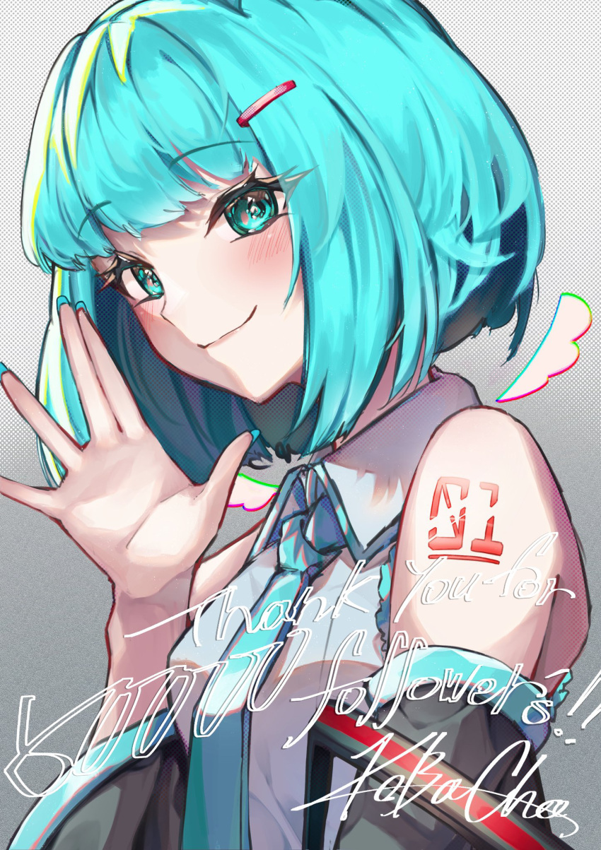 1girl alternate_hair_length alternate_hairstyle aqua_eyes aqua_hair aqua_nails bare_shoulders closed_mouth collared_shirt commentary_request detached_sleeves gradient_background grey_background hair_ornament hairclip hand_up hatsune_miku highres kobacha_(ochakoba) looking_at_viewer medium_hair milestone_celebration number_tattoo shirt signature sleeveless sleeveless_shirt smile solo tattoo thank_you upper_body vocaloid white_shirt