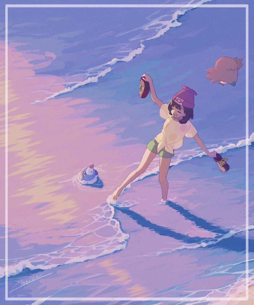 1girl :d bare_legs beanie brown_hair closed_eyes commentary framed green_shorts hat highres holding holding_shoes knees legs miu_(miuuu_721) open_mouth outdoors pokemon pokemon_(creature) pokemon_(game) pokemon_sm popplio red_headwear rowlet selene_(pokemon) shirt shoes short_shorts short_sleeves shorts smile standing symbol-only_commentary teeth tied_shirt twilight yellow_shirt