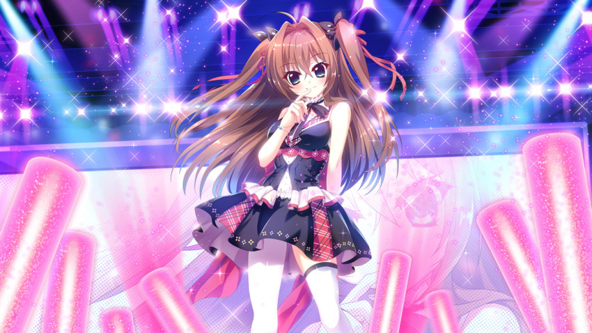 1girl ahoge asymmetrical_legwear bare_arms bare_shoulders black_dress black_ribbon black_skirt blue_eyes bracelet breasts brown_hair ceiling collar colored_lights dress film_grain finger_to_mouth frilled_collar frilled_skirt frills from_below game_cg glowstick hair_intakes idol idol_clothes izumi_tsubasu jewelry layered_skirt leggings long_hair medium_breasts multicolored_clothes multicolored_skirt non-web_source official_art plaid plaid_skirt rafters re:stage! red_ribbon ribbon screen shikimiya_aone skirt sleeveless sleeveless_dress smile solo sparkle stage stage_lights thighhighs twintails uneven_legwear white_collar white_leggings white_skirt white_thighhighs zettai_ryouiki