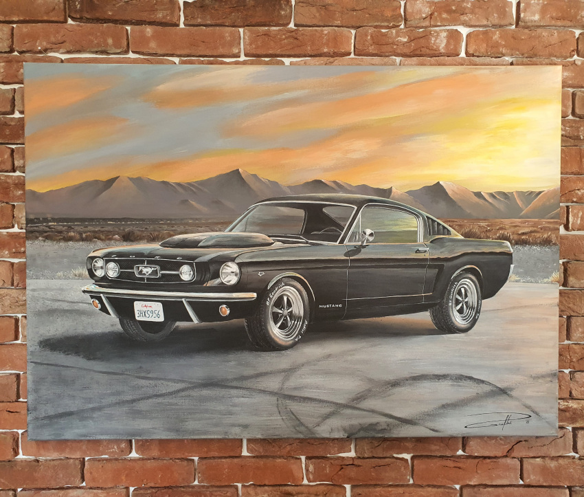 absurdres acrylic_paint_(medium) brick_wall car cloud english_commentary ford ford_mustang highres idlingv12 license_plate motor_vehicle mountainous_horizon muscle_car no_humans original painting_(medium) photo_(medium) shadow signature sky sunrise traditional_media vehicle_focus