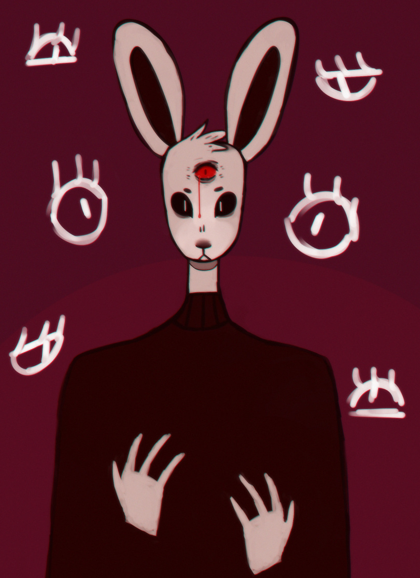 2018 3_eyes 4_fingers anthro biped black_sclera blood blood_drip blood_on_face bodily_fluids circle_eyebrows clothed clothing eyebrows eyes_everywhere female fingers frown fur head_tuft hi_res lagomorph leporid long_ears mammal multi_eye nepurrrrta pupils rabbit red_eyes ruby_(rq) ruby_quest shirt solo topwear tuft white_body white_fur white_pupils