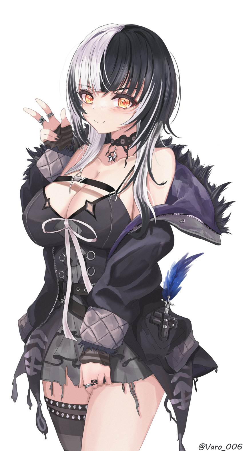 1girl absurdres bare_shoulders black_dress black_hair breasts cleavage closed_mouth coat collarbone cowboy_shot dress fur_trim hair_over_shoulder highres hololive hololive_english jewelry large_breasts long_hair long_sleeves looking_at_viewer multicolored_hair open_clothes open_coat orange_eyes ring shiori_novella short_dress simple_background single_thighhigh skirt_hold smile solo thighhighs twitter_username two-tone_hair varo_006 virtual_youtuber w white_background white_hair