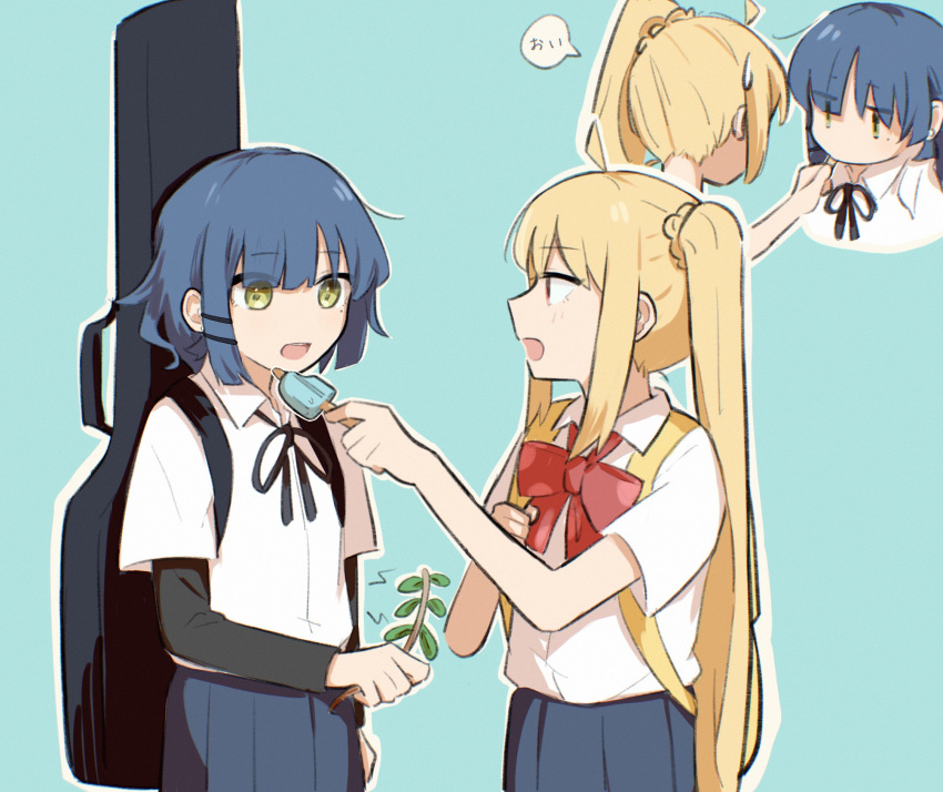 2girls :| backpack bag black_ribbon blonde_hair blue_hair blue_skirt bocchi_the_rock! bow bowtie closed_mouth cowlick fixing_clothes food green_eyes guitar_case hair_ornament hairclip high_side_ponytail highres holding holding_food holding_plant holding_popsicle ijichi_nijika instrument_case light_blue_background long_hair masaru_(kises_j) medium_hair multiple_girls open_mouth plant pleated_skirt popsicle red_bow red_bowtie red_eyes ribbon school_uniform shared_food shirt simple_background skirt sweatdrop white_shirt yamada_ryo yellow_bag yuri