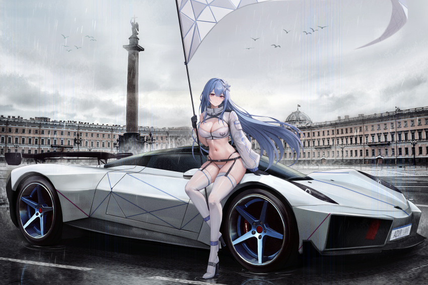 1girl absurdres arm_support azur_lane bandeau bikini bikini_bottom_only bird black_gloves blue_hair breasts car cleavage closed_mouth cloud cloudy_sky commentary flag floating_hair flower full_body garter_belt gloves hair_between_eyes hair_flower hair_ornament high_heels highres holding holding_pole jacket kcar66t large_breasts long_hair long_sleeves looking_at_viewer motor_vehicle navel outdoors pole purple_eyes race_queen rain real_world_location russia saint_petersburg shrug_(clothing) sidelocks single_sleeve sitting sitting_on_car sky solo sports_car swimsuit thighhighs vehicle_focus vehicle_request very_long_hair voroshilov_(azur_lane) white_bandeau white_bikini white_footwear white_jacket white_thighhighs winter_palace zipper