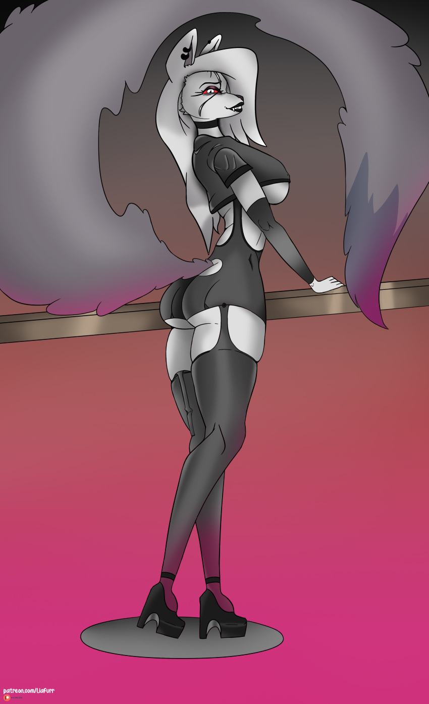 absurd_res anthro athletic big_breasts big_butt breasts butt canid canid_demon canine canis clothing demon female fluffy fluffy_tail footwear goth hellhound helluva_boss hi_res high_heels legwear liafurr looking_at_viewer loona_(helluva_boss) mammal piercing side_boob solo stockings tail thick_thighs tight_clothing wolf