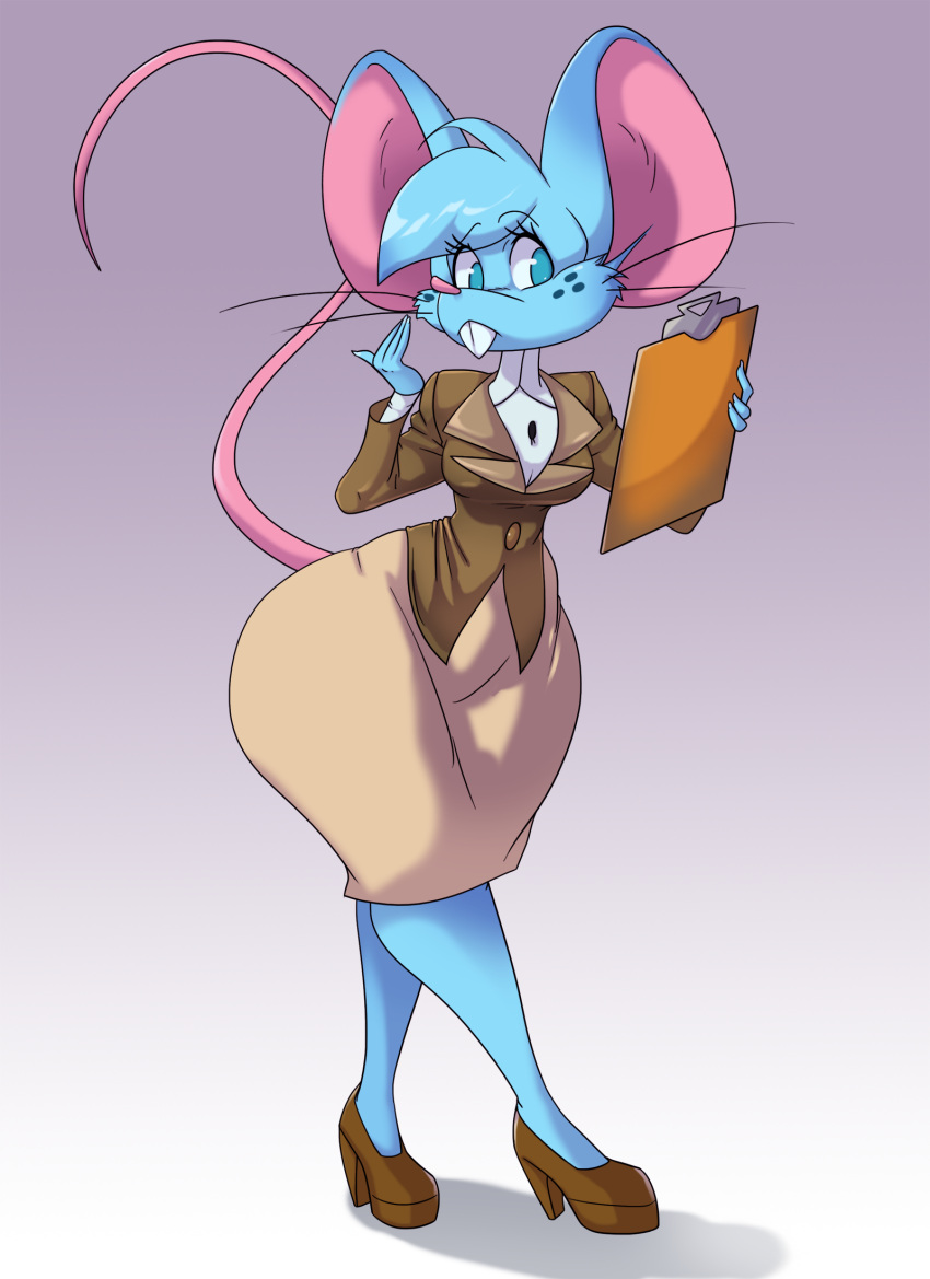 2023 anthro blue_body blue_eyes blue_fur bottomwear buckteeth clipboard clothed clothing female footwear fur hi_res high_heels holding_object mammal mia_mouse mouse murid murine office_clothing office_lady rodent simple_background skirt solo spiralingstaircase teeth thick_thighs whiskers wide_hips