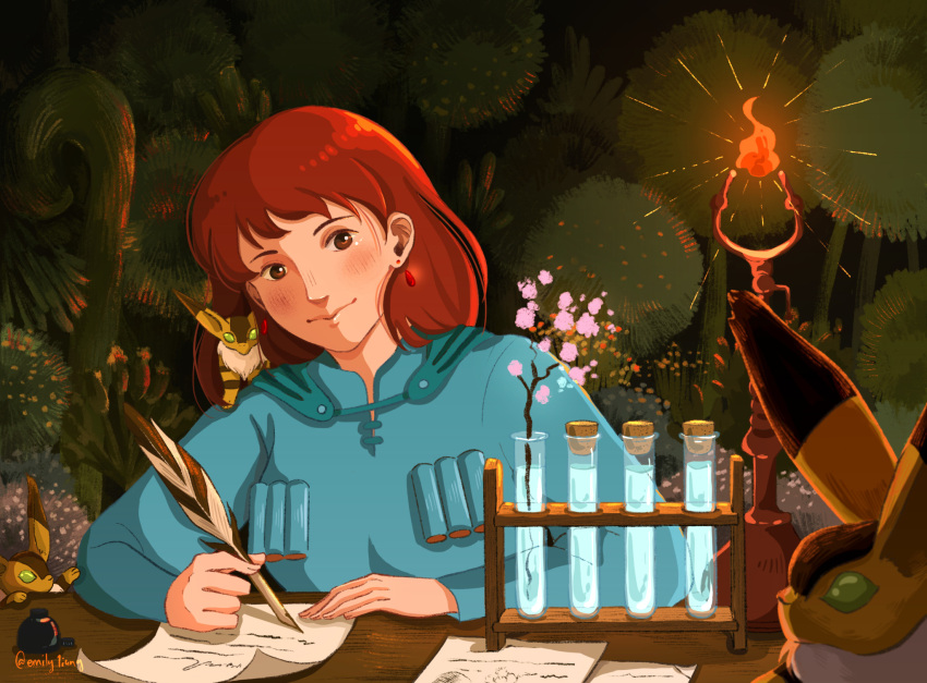 1girl animal_on_shoulder blue_shirt brown_eyes brown_hair earrings emily_1iang english_commentary feathers fire flower highres holding holding_feather inkwell jewelry kaze_no_tani_no_nausicaa looking_at_object medium_hair nausicaa night outdoors pink_flower plant shirt smile studio_ghibli table test_tube tree writing