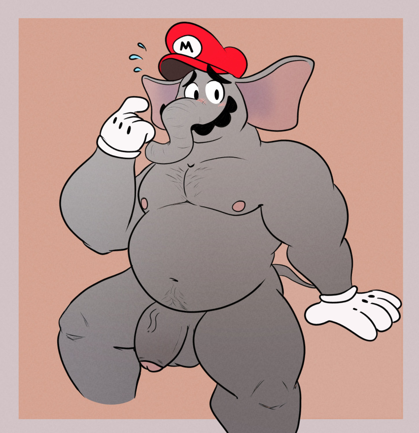 absurd_res anthro balls belly blush clothing elephant elephant_mario elephantid facial_hair flaccid foreskin genitals gloves handwear hat headgear headwear hi_res male mammal mario mario_bros musclegut mustache navel nintendo nipples nude pecs penis proboscidean proboscis_(anatomy) ramsranch solo super_mario_wonder trunk_(anatomy)