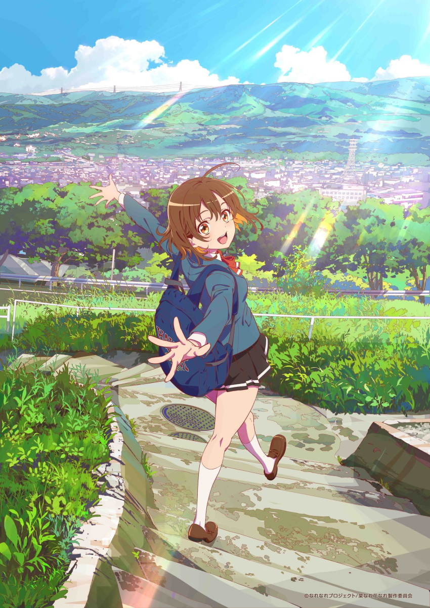 1girl absurdres ahoge backpack bag black_skirt blue_jacket blue_sky brown_eyes brown_footwear brown_hair building cityscape cloud collared_shirt colored_inner_hair day grass hair_between_eyes highres hill jacket key_visual leaf lens_flare loafers looking_at_viewer multicolored_hair nanare_hananare official_art open_mouth orange_hair outdoors outstretched_arms promotional_art school_uniform shirt shoes short_hair skirt sky smile socks solo stairs standing tree two-tone_hair walking white_shirt white_socks