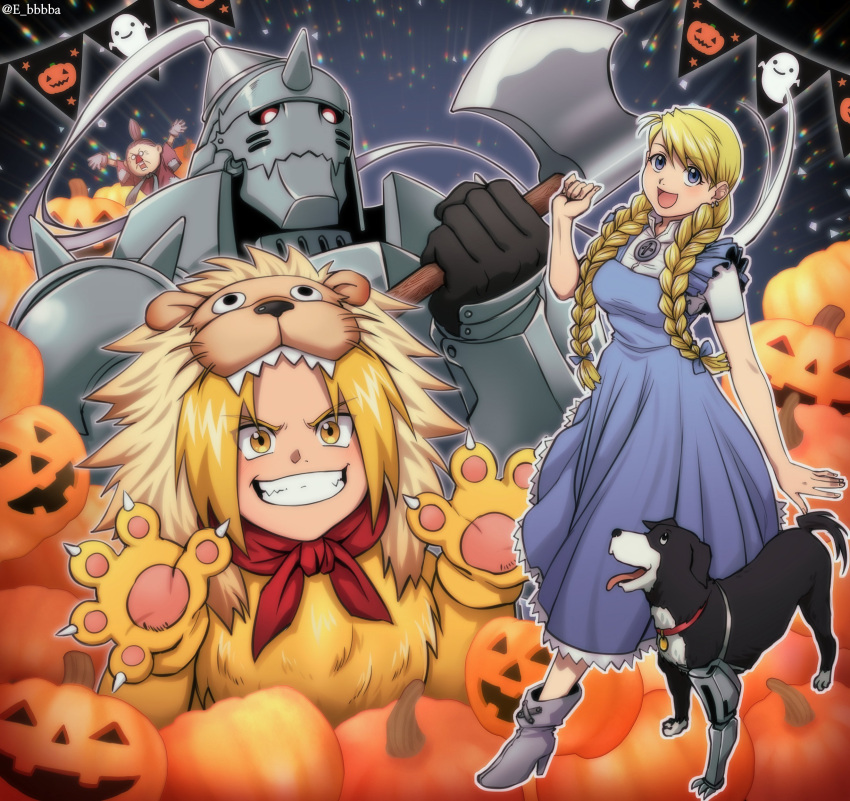 2girls 3boys absurdres alphonse_elric animal_costume arm_up armor axe bandana blonde_hair blue_dress blue_eyes braid brothers den_(fma) dog dress e_bbbba earrings edward_elric fullmetal_alchemist ghost hair_ribbon halloween halloween_costume highres holding holding_axe jewelry light_particles lion_costume long_hair long_legs looking_back mask mask_on_head multiple_boys multiple_girls old old_woman open_mouth pinako_rockbell prosthesis prosthetic_leg red_bandana ribbon siblings smile teeth tongue tongue_out too_many_pumpkins topknot twin_braids twitter_username winry_rockbell yellow_eyes