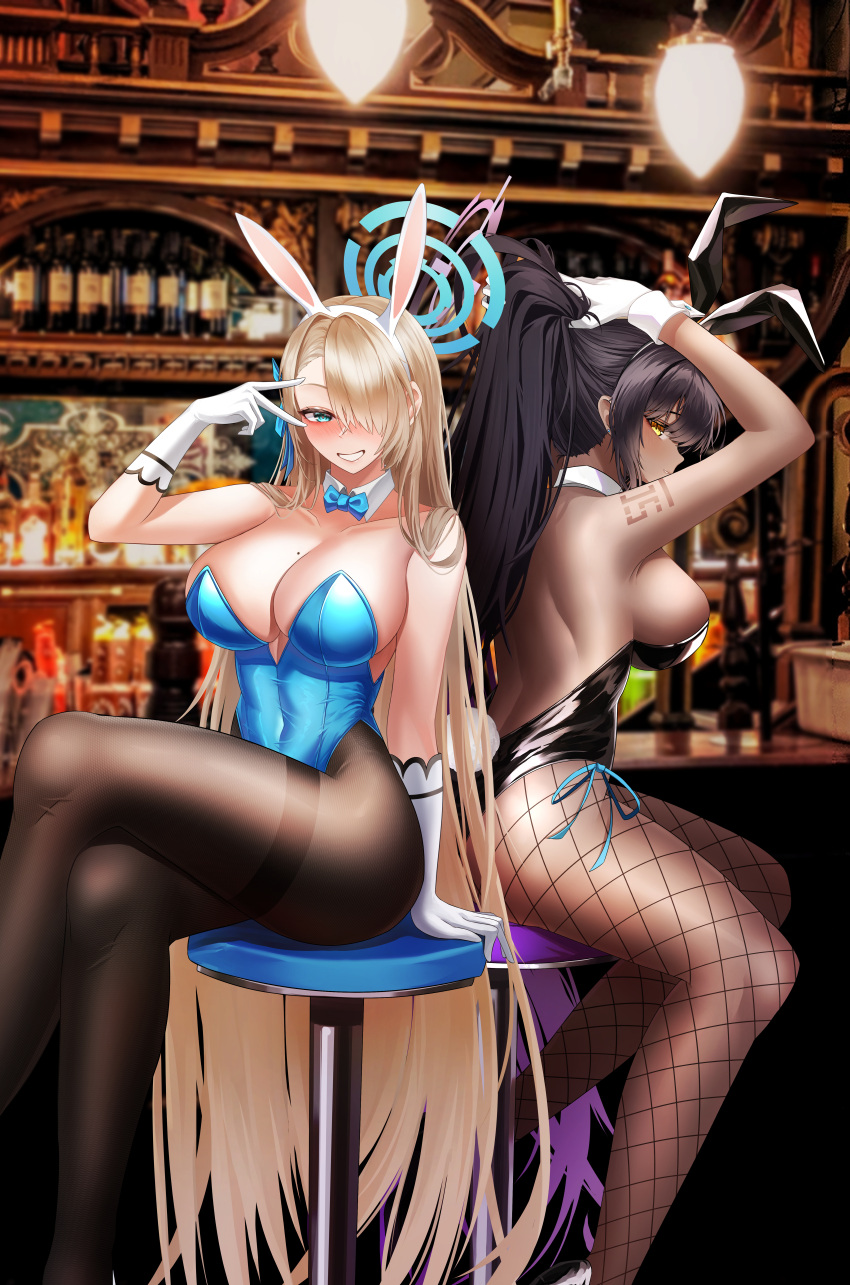 2girls absurdres animal_ears ass asuna_(blue_archive) asuna_(bunny)_(blue_archive) black_hair black_leotard black_pantyhose blue_archive blue_bow blue_bowtie blue_eyes blue_halo blue_leotard blush bow bowtie breasts crossed_legs dark-skinned_female dark_skin detached_collar fake_animal_ears fake_tail fishnet_pantyhose fishnets gloves grin hair_over_one_eye halo highres karin_(blue_archive) karin_(bunny)_(blue_archive) large_breasts leotard light_brown_hair long_hair mole mole_on_breast multiple_girls official_alternate_costume pantyhose playboy_bunny rabbit_ears rabbit_tail sitting smile ssb_(nit8921) strapless strapless_leotard tail white_gloves yellow_eyes