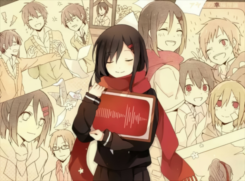 5boys 5girls :d ^_^ anger_vein annoyed audio_spectrum ayano_no_koufuku_riron_(vocaloid) azami_(kagerou_project) bad_id bad_pixiv_id bandage_on_face bandages black_hair black_necktie black_serafuku black_skirt blunt_ends bright_pupils brown_hair brown_theme cardigan character_name circle closed_eyes closed_mouth cloud coat collage_background collared_shirt commentary cranio dual_persona dutch_angle empty_eyes enomoto_takane enpera facial_hair facing_viewer flower flower_(symbol) fringe_trim from_behind from_side glasses green_cardigan hair_between_eyes hair_ornament hair_ribbon hairclip holding hood hood_down hoodie husband_and_wife iei kagerou_project kano_shuuya kido_tsubomi kisaragi_shintarou kokonose_haruka labcoat light_brown_hair lightning_bolt_symbol long_hair long_sleeves looking_at_another looking_at_viewer looking_to_the_side loose_necktie mekakucity_actors monitor multiple_boys multiple_girls muted_color neckerchief necktie one_eye_closed open_clothes open_coat open_collar open_mouth out_of_frame outdoors papers photo_(object) pinstripe_pattern pinstripe_shirt pleated_skirt ponytail portrait_(object) print_hoodie rectangular_eyewear red_eyes red_ribbon red_scarf red_shirt ribbon scarf school_uniform semi-rimless_eyewear serafuku seto_kousuke shirt short_hair short_sleeves single_stripe skirt sky sleeve_cuffs smile solo_focus song_name spot_color striped striped_shirt stubble tateyama_ayaka tateyama_ayano tateyama_kenjirou teeth test_score_(paper) twintails under-rim_eyewear upper_body v vertical-striped_shirt vertical_stripes wavy_mouth white_coat white_neckerchief white_shirt white_stripes x_hair_ornament yellow_cardigan