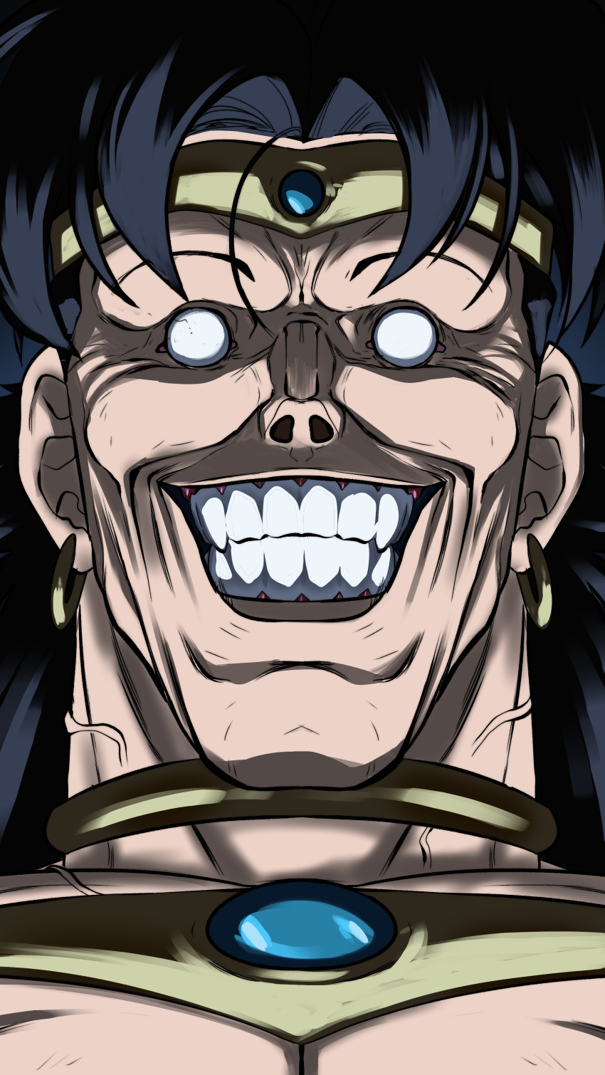 1boy absurdres black_hair blank_eyes broly_(dragon_ball_z) circlet close-up commentary dragon_ball dragon_ball_z earrings english_commentary grin highres jewelry kinzokumatto male_focus neck_ring portrait smile solo veins