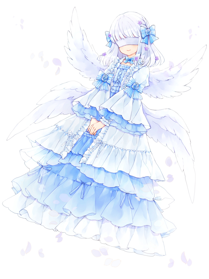 1girl angel_wings blindfold blue_bow bow chain_paradox dress dress_bow facing_viewer feathered_wings frilled_dress frills full_body hair_bow highres long_hair long_sleeves natsu_nts petals smile solo violet_lyonne white_hair white_wings wide_sleeves wings
