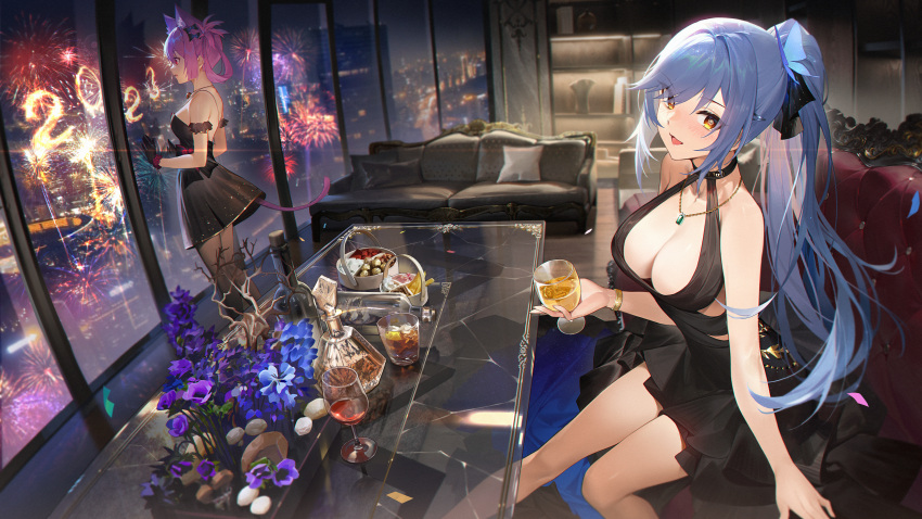 2girls absurdres alcohol animal_ears arm_support azur_lane bare_arms bare_shoulders black_dress blue_hair blush bracelet breasts brown_eyes cat_ears cat_tail cleavage couch cup dress essex_(azur_lane) essex_(craft_fairytail)_(azur_lane) fireworks flower food gloves gold_trim halterneck happy_new_year hatsushimo_(azur_lane) hatsushimo_(perennial_joy)_(azur_lane) highres holding indoors jewelry kexue logo long_hair looking_at_viewer looking_away medium_breasts multiple_girls necklace night night_sky official_alternate_costume official_art open_mouth pantyhose pillow pink_hair ponytail red_eyes short_dress simple_background sky sleeveless sleeveless_dress smile strapless strapless_dress table tail window