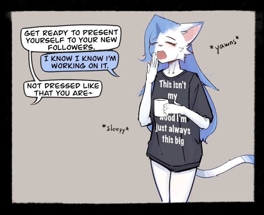 absurd_res anthro blue_hair coffee_mug ds0ivi0 duo felid feline hair hi_res humanoid male male/male mammal oversized_shirt stiria tired white_body