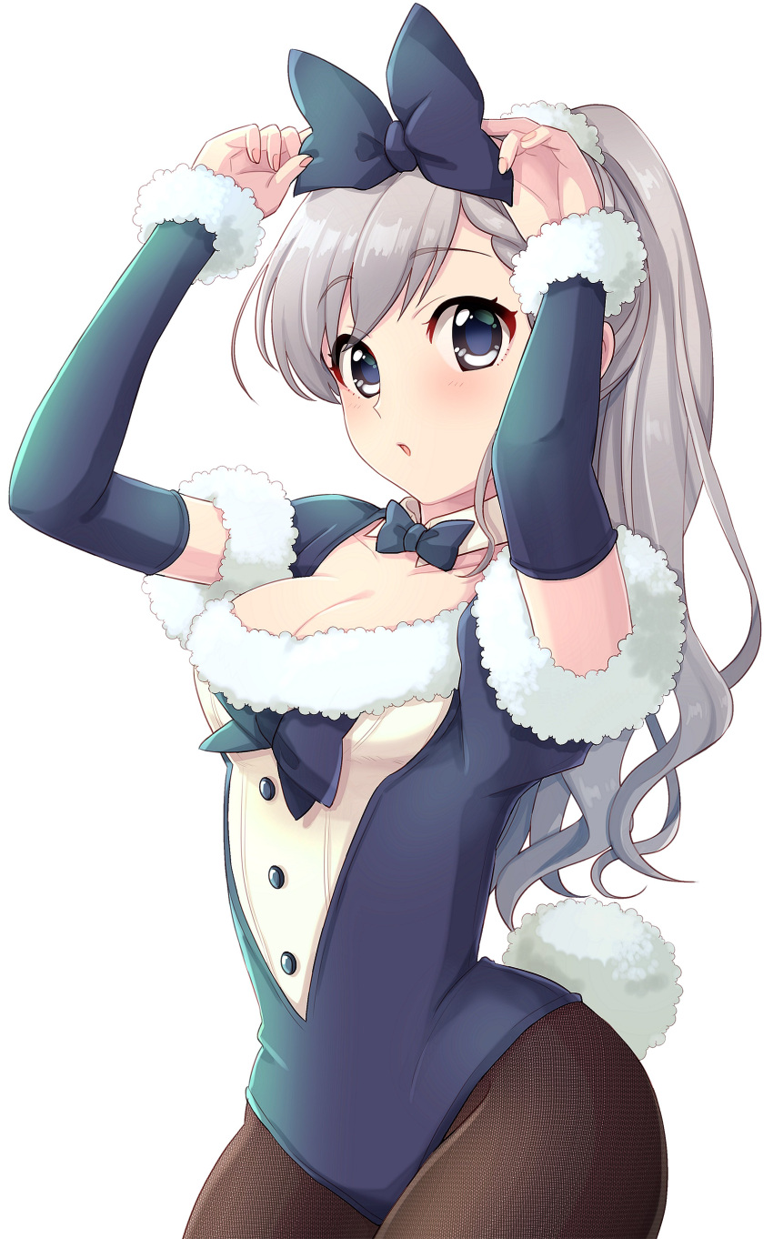 1girl absurdres arms_up black_pantyhose blue_eyes blue_leotard blush braid braided_bangs breasts cleavage commentary detached_collar detached_sleeves fake_tail fur_trim grey_hair hair_ornament hair_ribbon hair_scrunchie highres hisakawa_hayate holding holding_ribbon idolmaster idolmaster_cinderella_girls idolmaster_cinderella_girls_starlight_stage leotard long_hair long_sleeves looking_at_viewer medium_breasts neck_ribbon open_mouth pantyhose ponytail popon_ta rabbit_tail ribbon scrunchie simple_background solo tail very_long_hair white_background